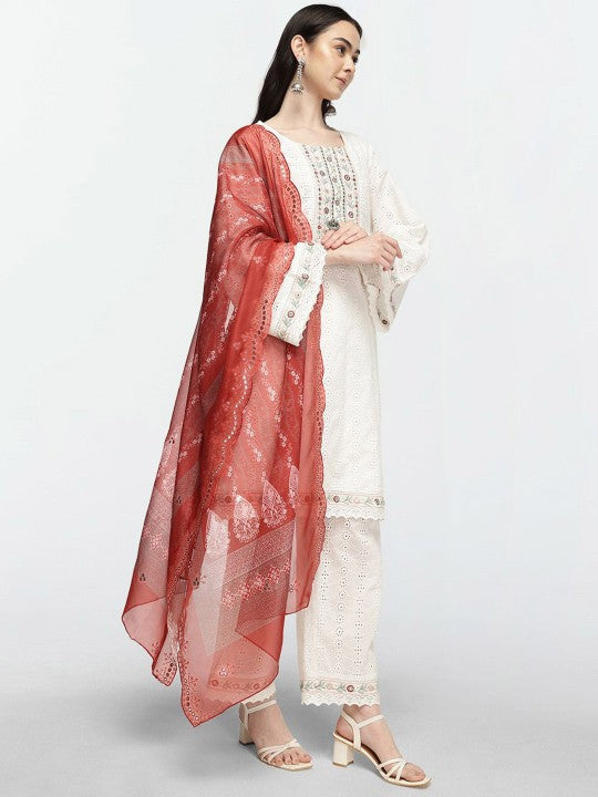 Ishin Women Floral Printed Cotton Kurta with Trousers & Dupatta