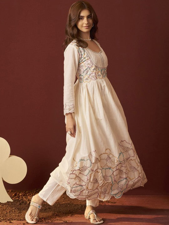 DRESOUL Floral Embroidered Pure Cotton Anarkali Kurta With Churidar & Dupatta