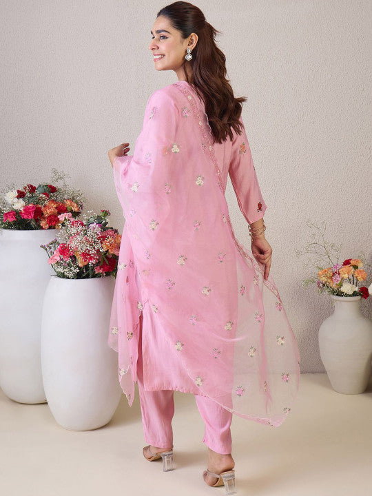 Indo Era Floral Embroidered Round Neck Thread Work Straight Kurta & Trousers & Dupatta