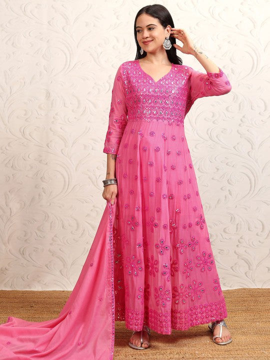 Vishudh Embroidered Pure Cotton Mirror Work Anarkali Kurta With Trousers & Dupatta