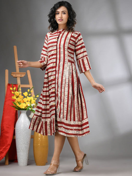 Charukriti Striped Fit & Flare Ethnic Midi Dresses