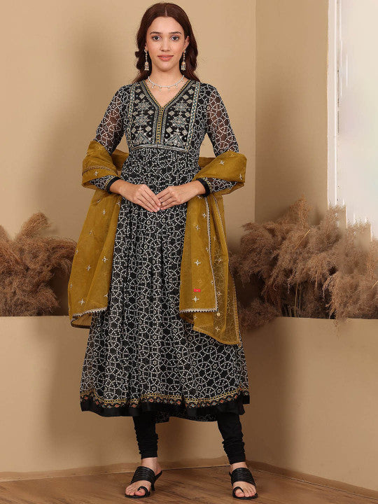 W Women Printed Regular Gotta Patti Kurta with Churidar & With Dupatta