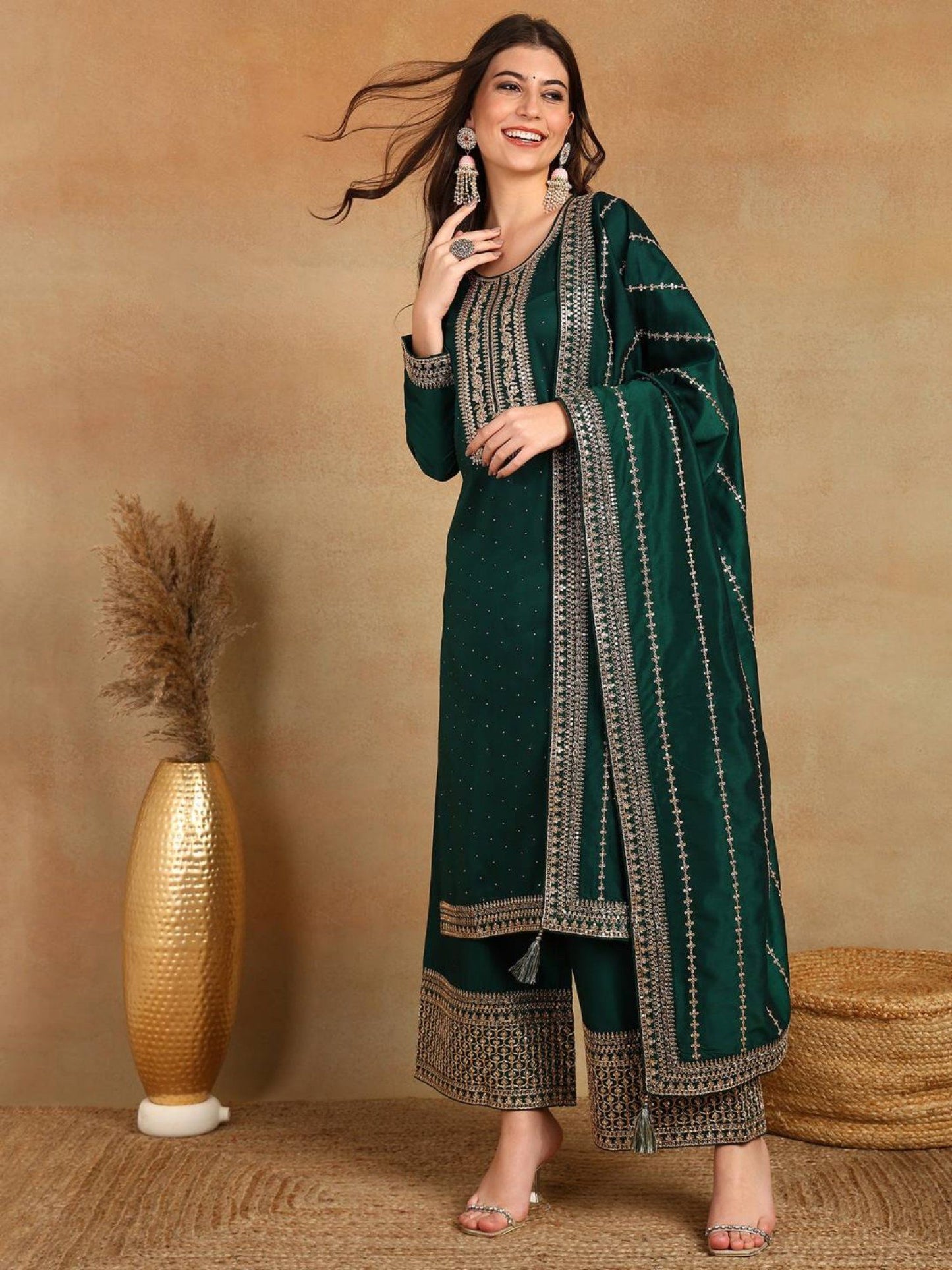 Women Silk Blend Embroidered Kurta Palazzo with Dupatta (Set of 3)