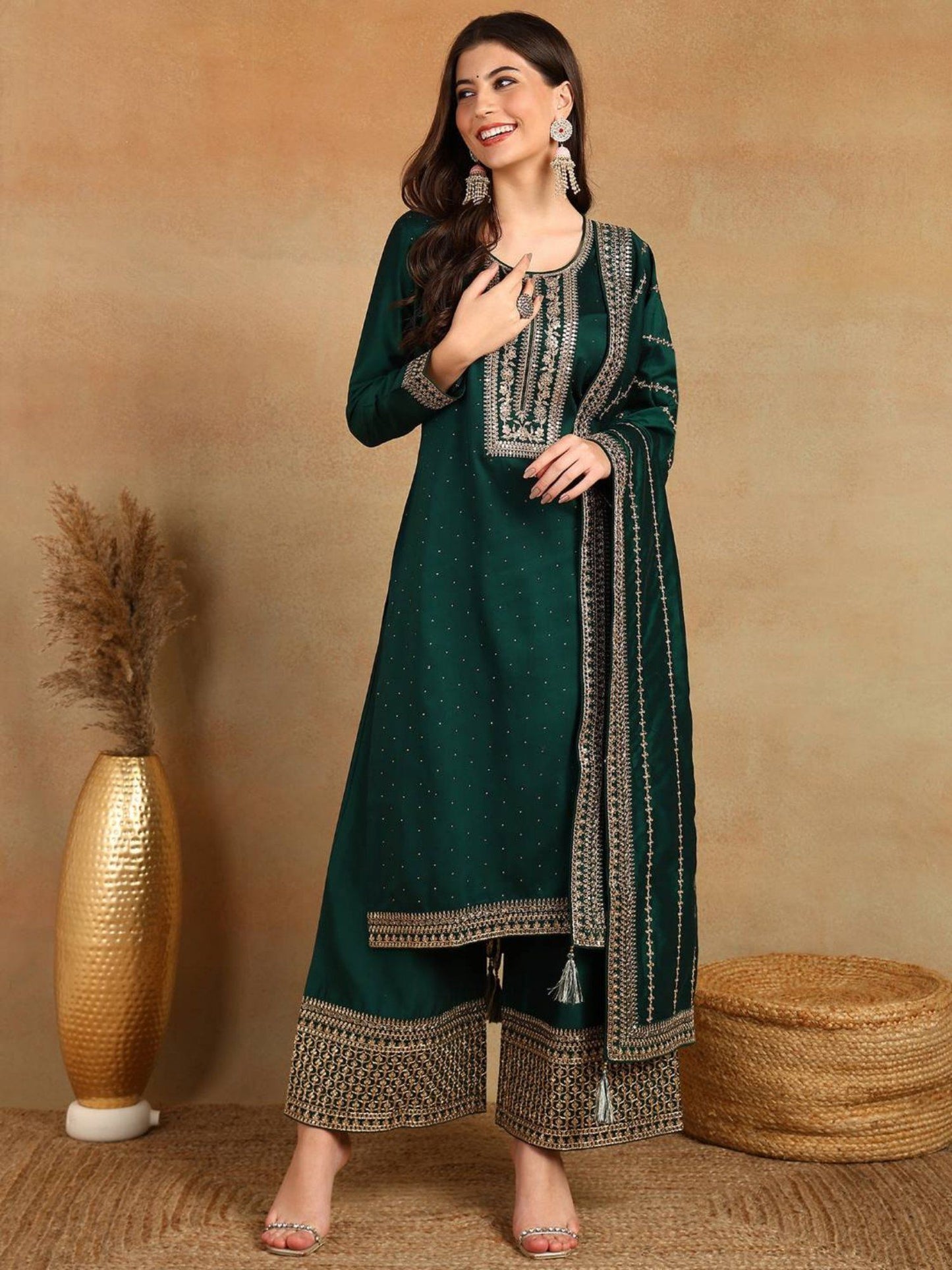 Women Silk Blend Embroidered Kurta Palazzo with Dupatta (Set of 3)