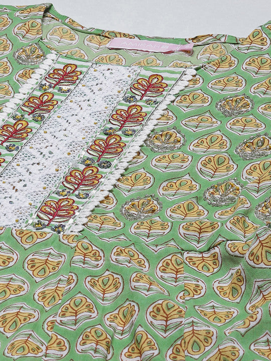 Amirah s Women Green Ethnic Motifs Printed Pure Cotton Kurta with Trousers & Dupatta