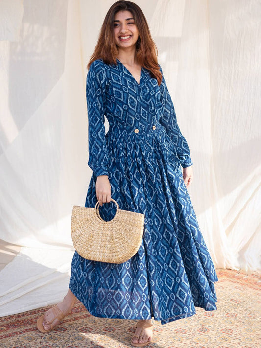THE INDIAN ETHNIC CO Ethnic Motifs Printed V-Neck Cotton Wrap Maxi Dress