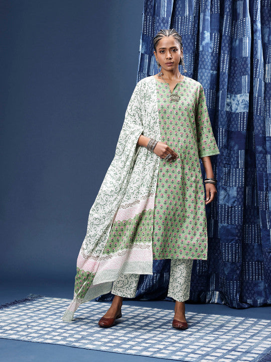 Taavi Floral Printed Regular Pure Cotton Block Print Legacy Kurta with Trousers & Dupatta