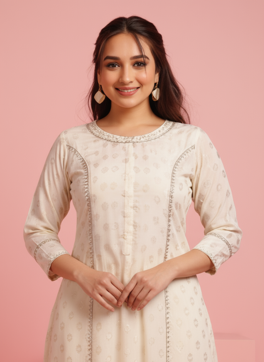 Embroidered Georgette Gold foil Flared Off White Kurta