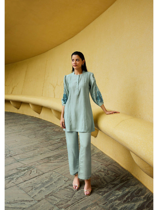 Floral Sequins Pin Tucks Viscose Tunic with Trouser (Set of 2)