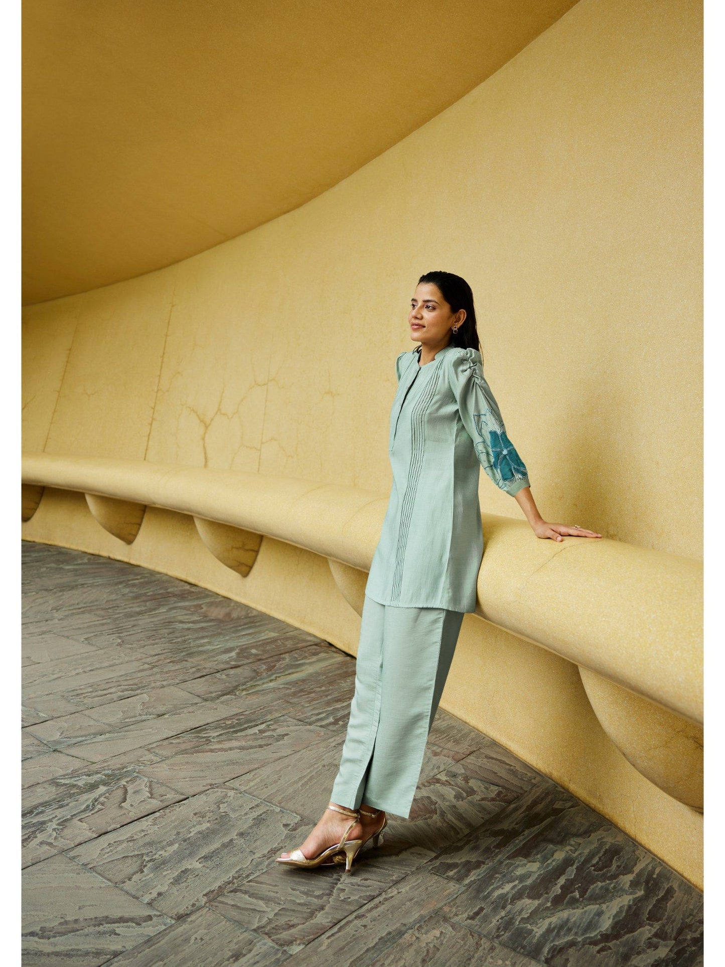 Floral Sequins Pin Tucks Viscose Tunic with Trouser (Set of 2)