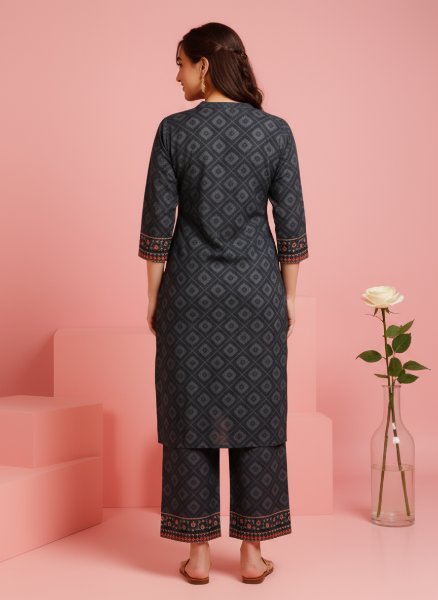 Soft Cotton Floral Straight Black Kurta