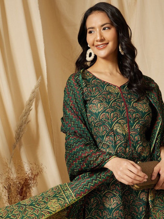 Ginni Arora Label Floral Printed V-Neck Pure Cotton Kurta with Trousers & Dupatta