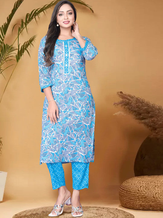 Anouk Blue Geometric Printed Pure Cotton Kurta With Trousers & Dupatta