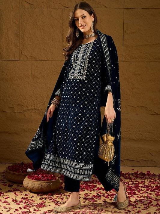 House of Pataudi Embroidered Velvet Straight Kurta