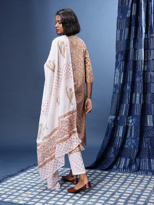 Taavi Indie Hand Block Printed Straight Block Print Legacy Kurta with Trousers & Dupatta