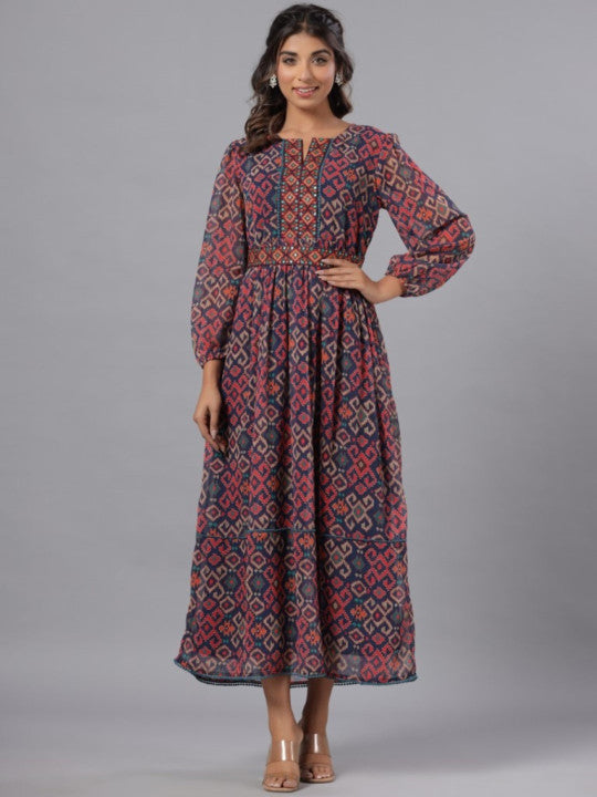 Printed Puff Sleeves Maxi Ethnic Dresses With Matching Belt