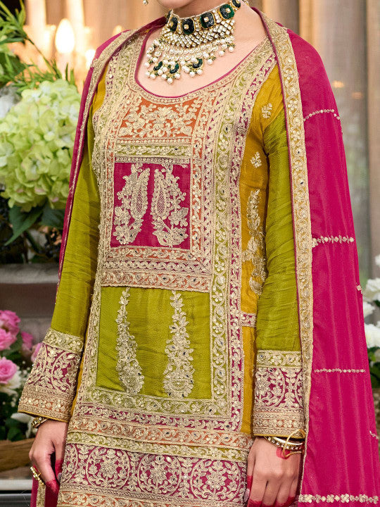 Indo Era Floral Embroidered Sequinned Chinon Straight Kurta With Palazzos & Dupatta
