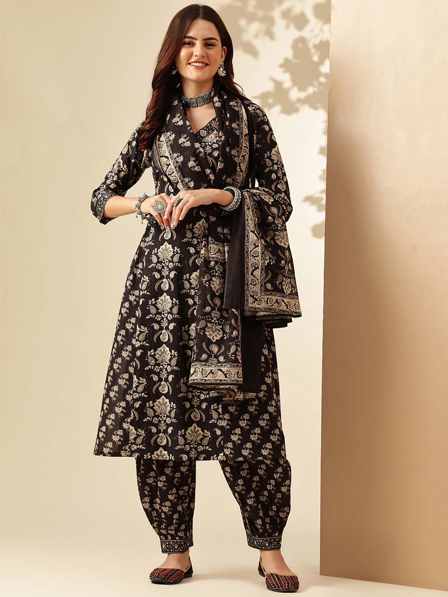 Floral Embroidered A-Line Pure Cotton Kurta and Salwar and Dupatta (Set of 3)