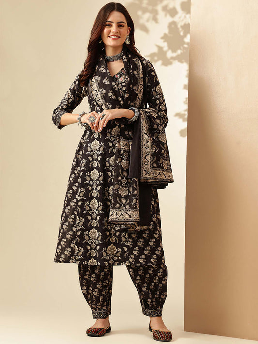 Floral Embroidered A-Line Pure Cotton Kurta and Salwar and Dupatta (Set of 3)