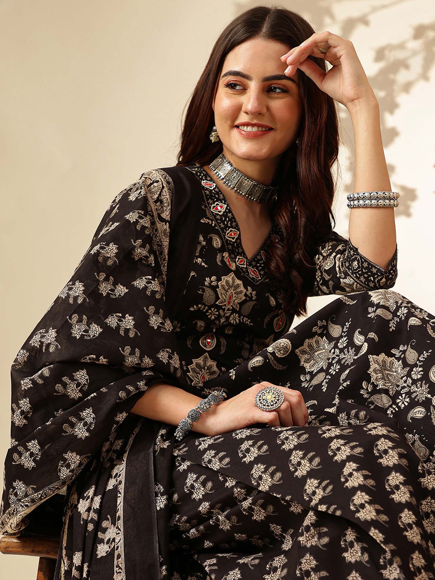 Floral Embroidered A-Line Pure Cotton Kurta and Salwar and Dupatta (Set of 3)