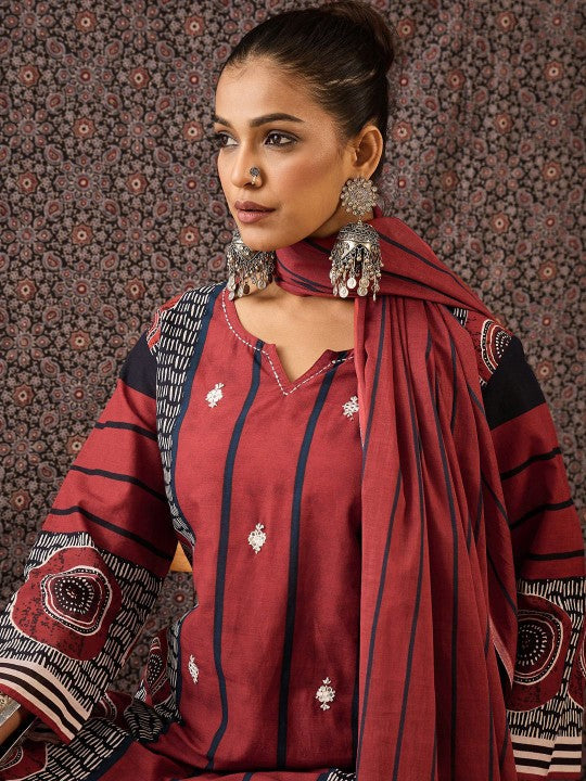 Indo Era Women Printed Regular Thread Work Pure Cotton Kurta with Trousers & With Dupatta