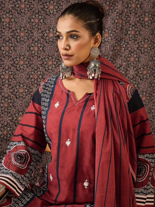 Indo Era Women Printed Regular Thread Work Pure Cotton Kurta with Trousers & With Dupatta