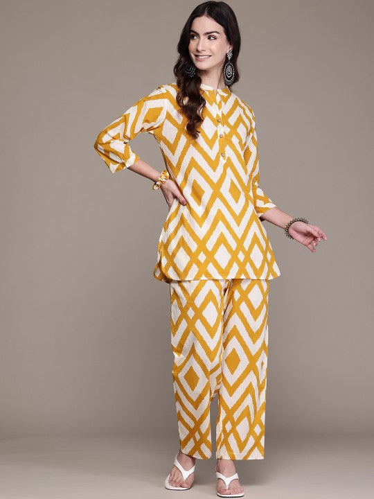 Printed Pure Cotton Tunic With Palazzos & Scrunchie