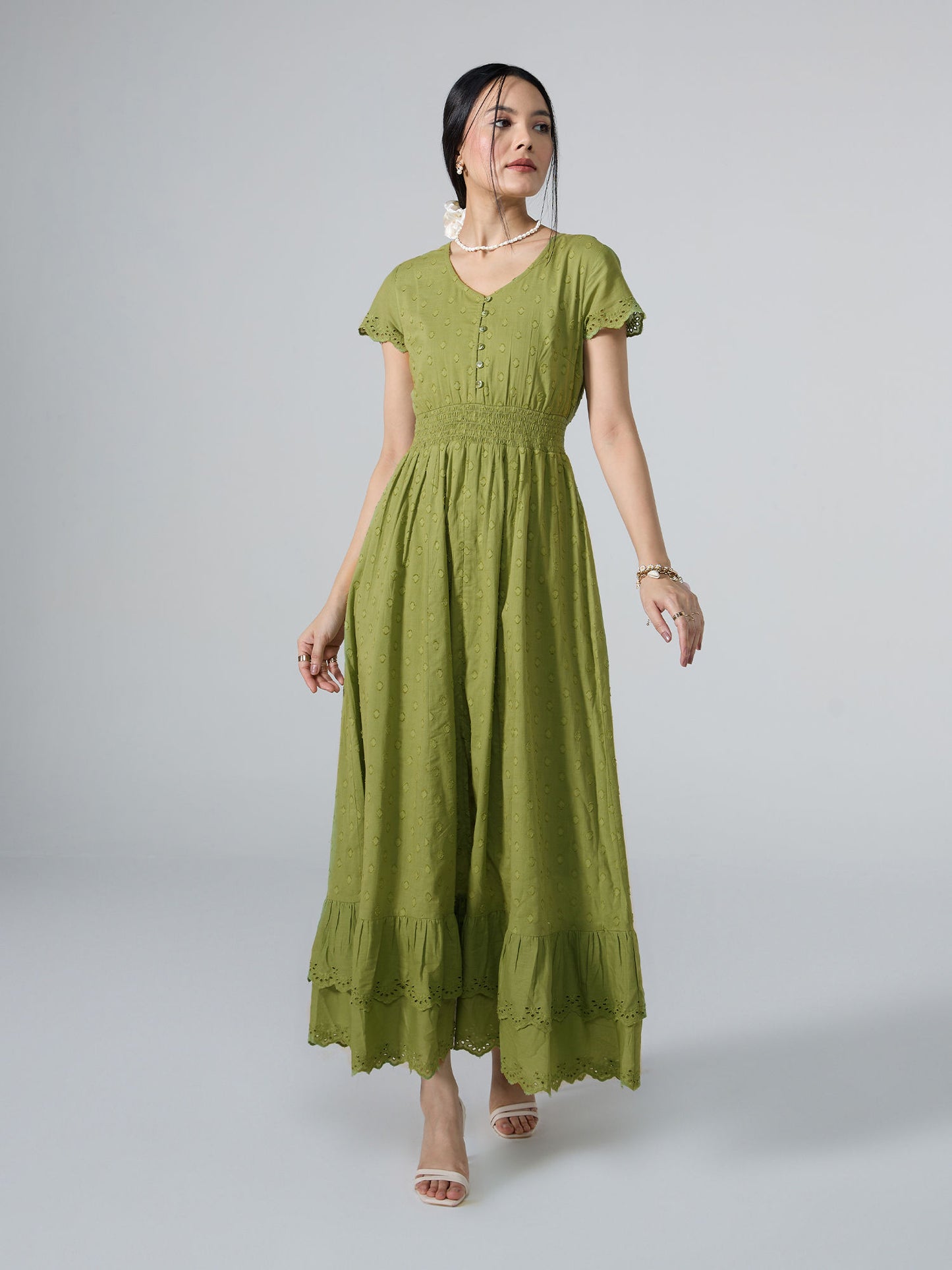 Neck Front Slit Schiffli Midi Dress