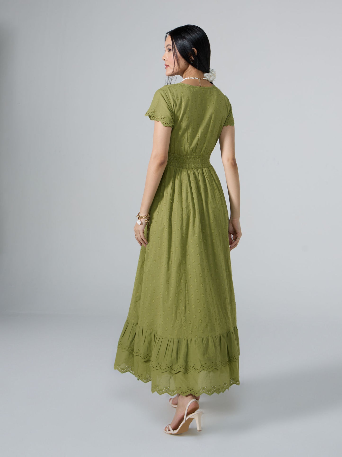 Neck Front Slit Schiffli Midi Dress