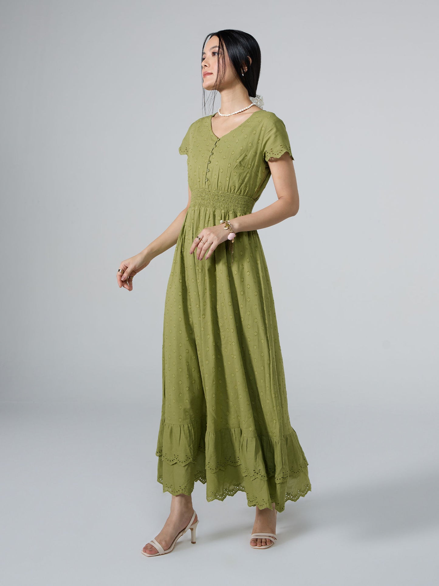 Neck Front Slit Schiffli Midi Dress