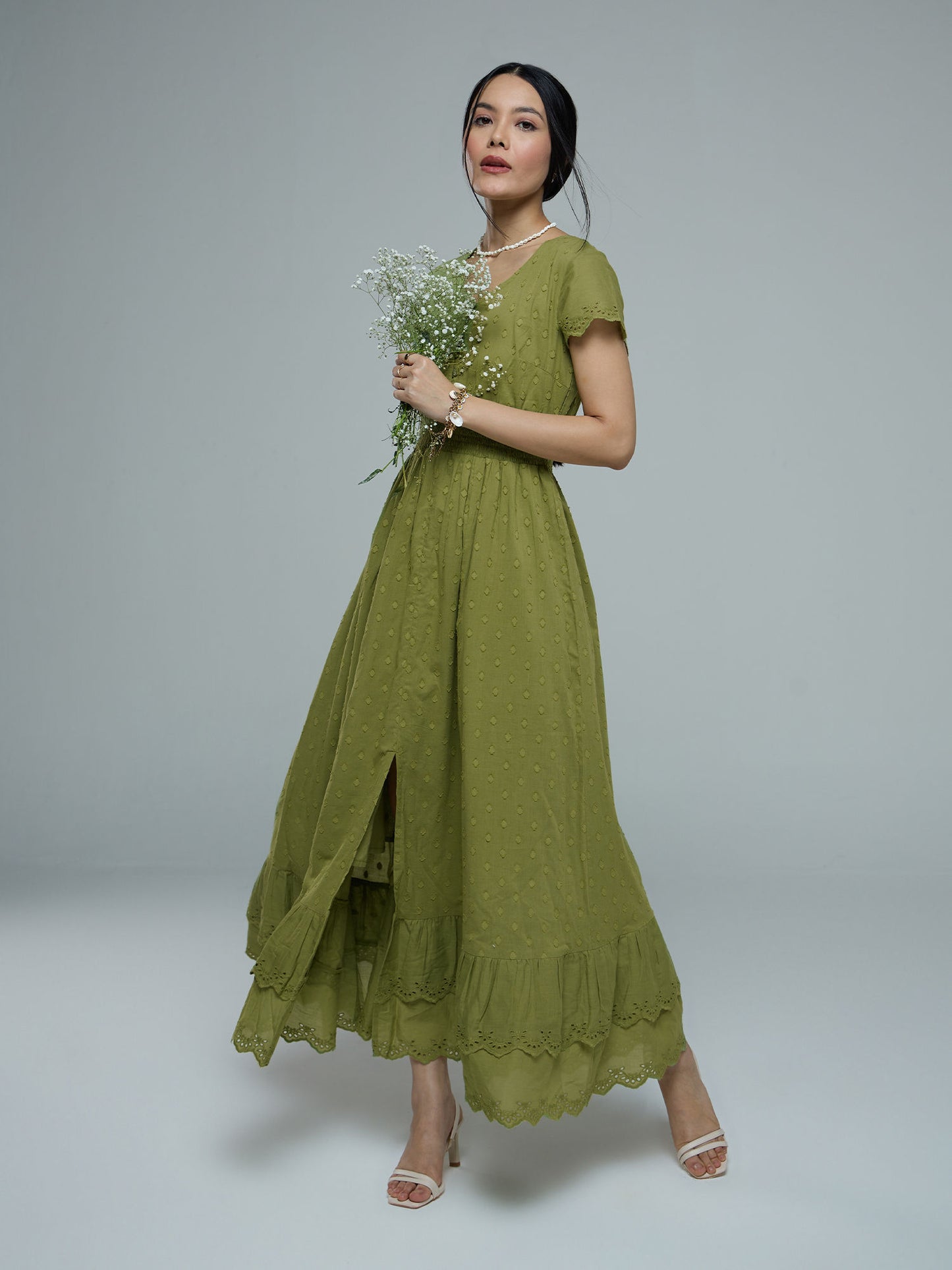 Neck Front Slit Schiffli Midi Dress