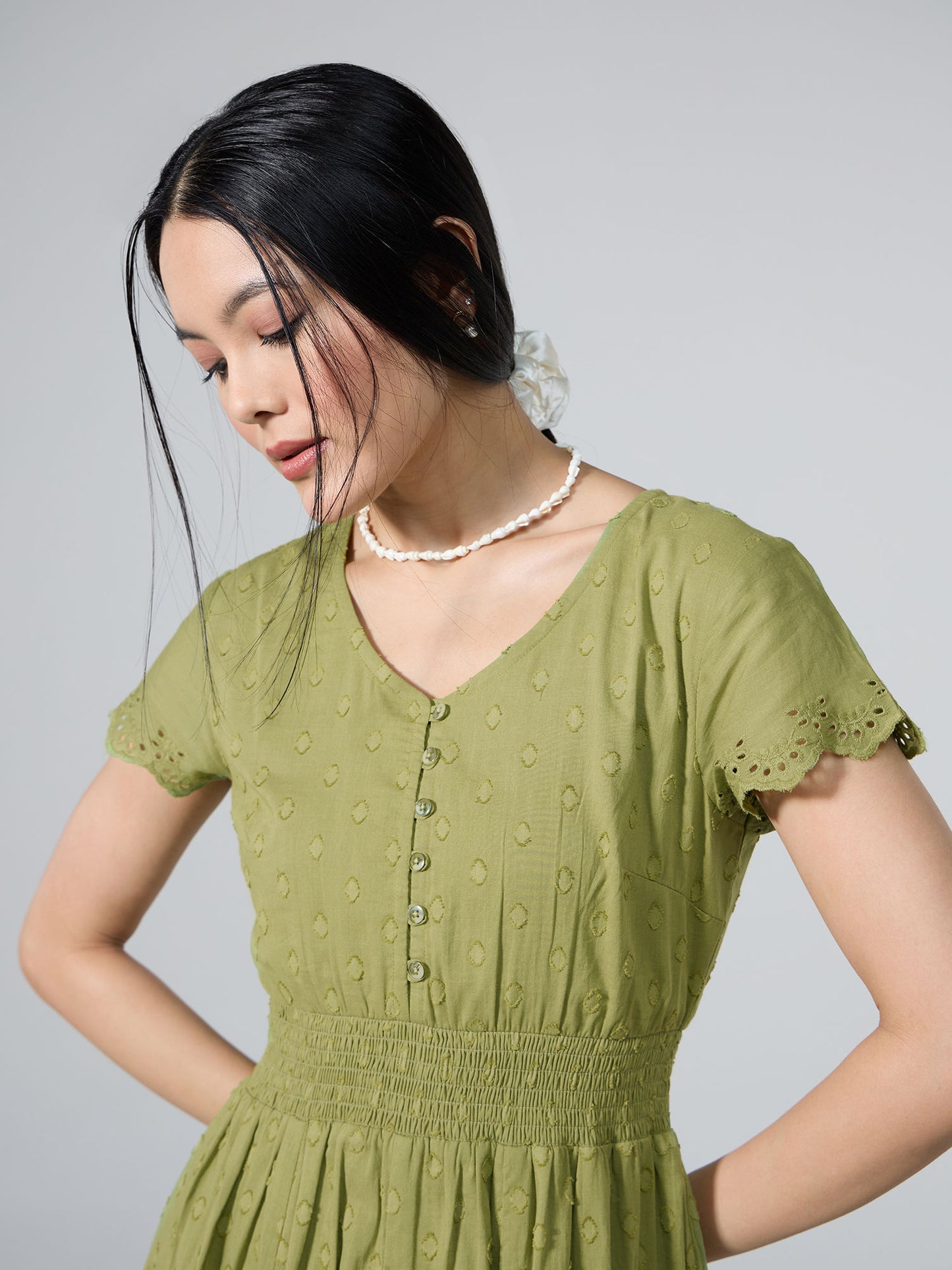 Neck Front Slit Schiffli Midi Dress