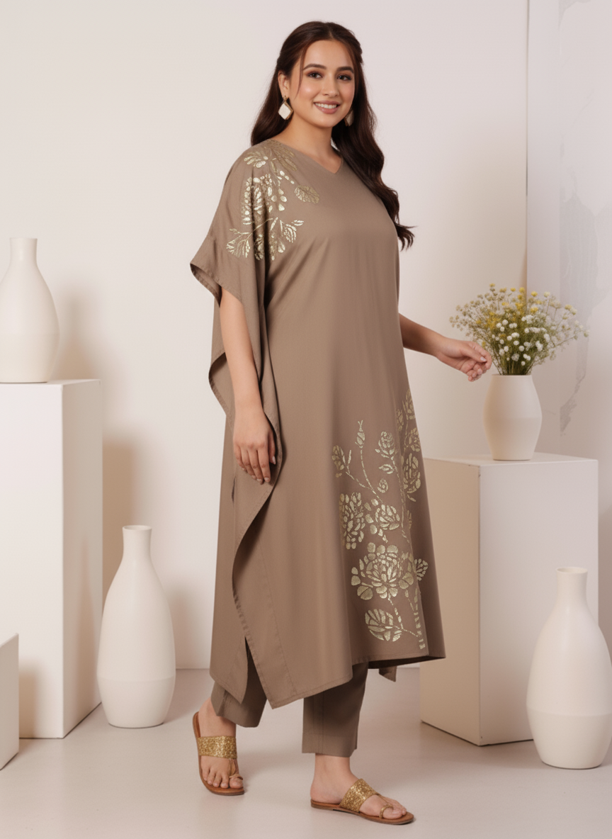 Poly Chanderi Placement Print Kaftan Brown Kurta