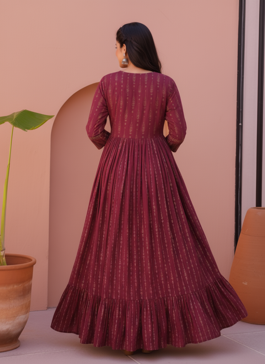 Viscose Floral Anarkali Maroon Dress