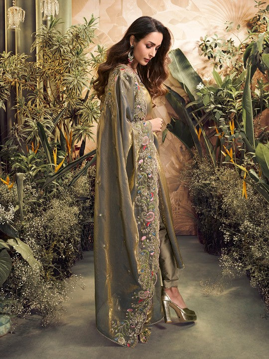 Inddus Women Floral Embroidered Zari Straight Crushed Organza Kurta