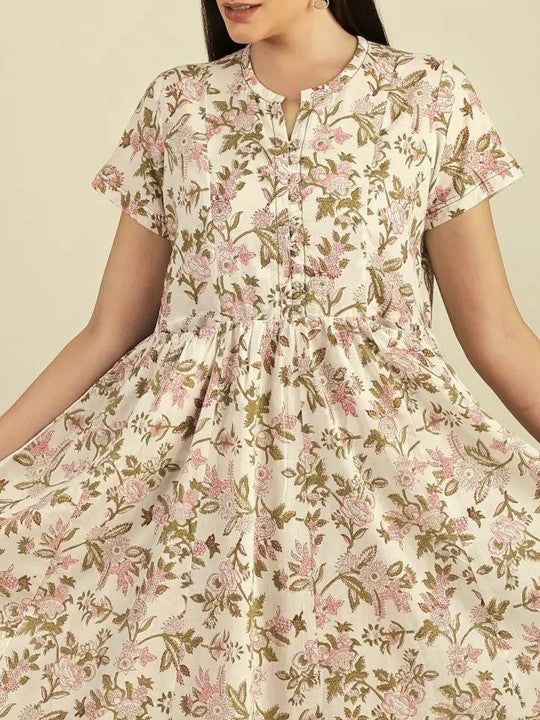 Exotic India Hand Printed Midi Fit & Flare Ethnic Dress