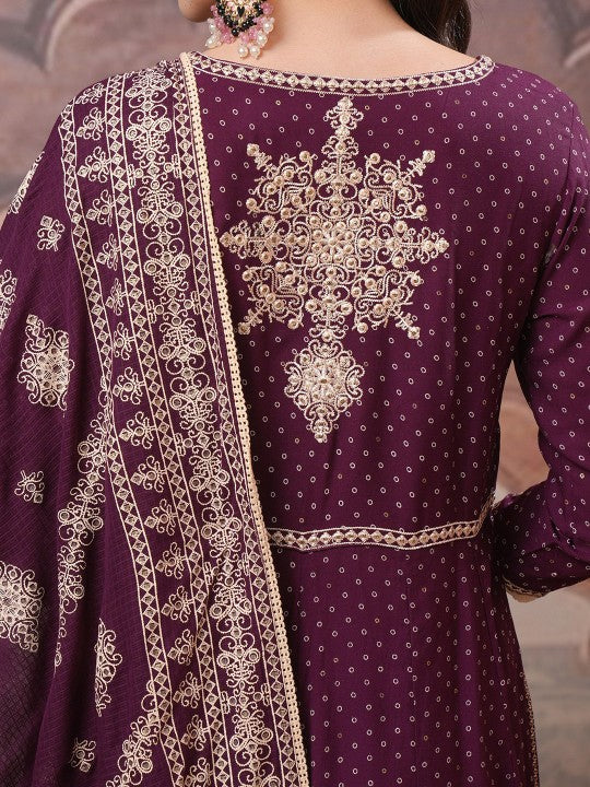 Vishudh Maroon Ethnic Motifs Embroidered Thread Work A-Line Kurta With Trousers & Dupatta