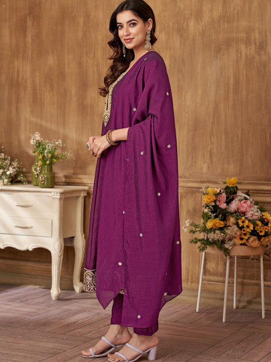 VEDANT VASTRAM Floral Embroidered Sequinned Silk Georgette Kurta With Trouser & Dupatta