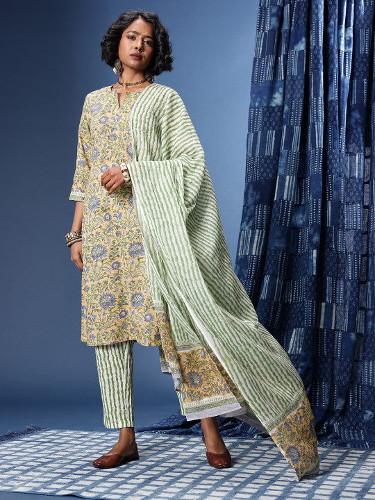 Taavi Bagru Floral Printed Pure Cotton Kurta with Trousers & Dupatta