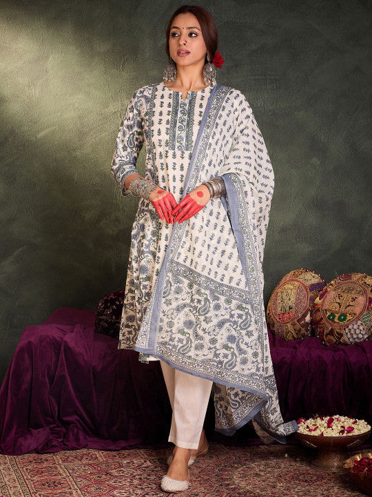Indo Era Floral Printed Notch Neck Cotton Straight Kurta With Trousers & Dupatta