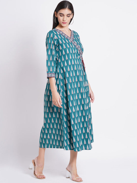 SUTI Ethnic Motifs Printed Sequinned Angrakha Cotton Ethnic Dress