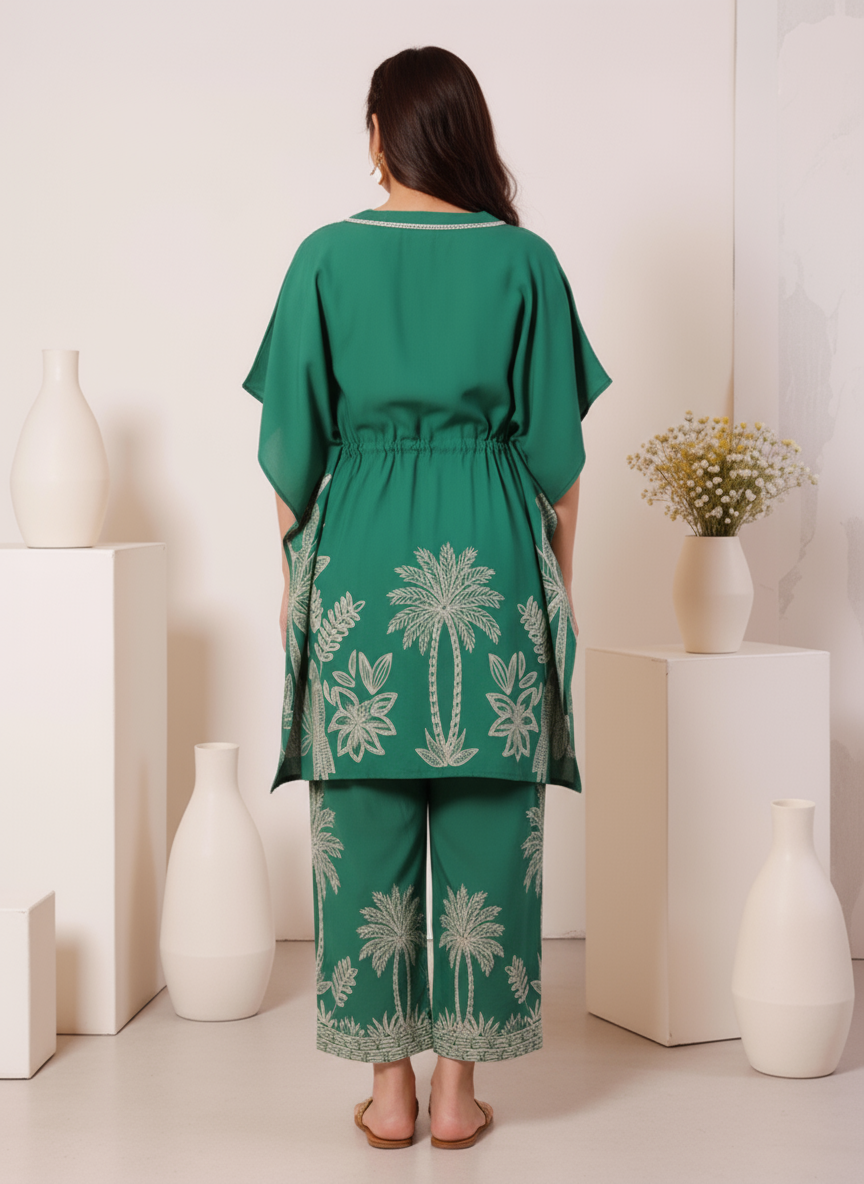 Soft Cotton Placement Print Kaftan Green Kurta