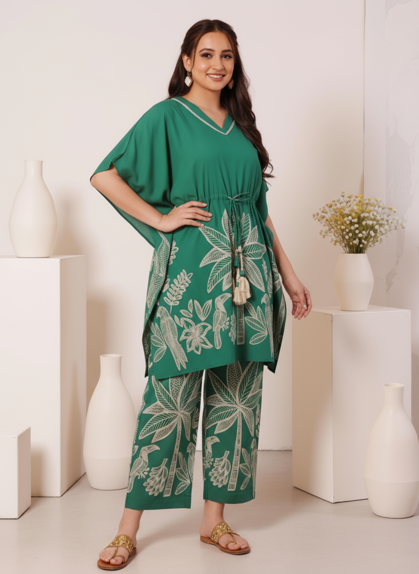 Soft Cotton Placement Print Kaftan Green Kurta