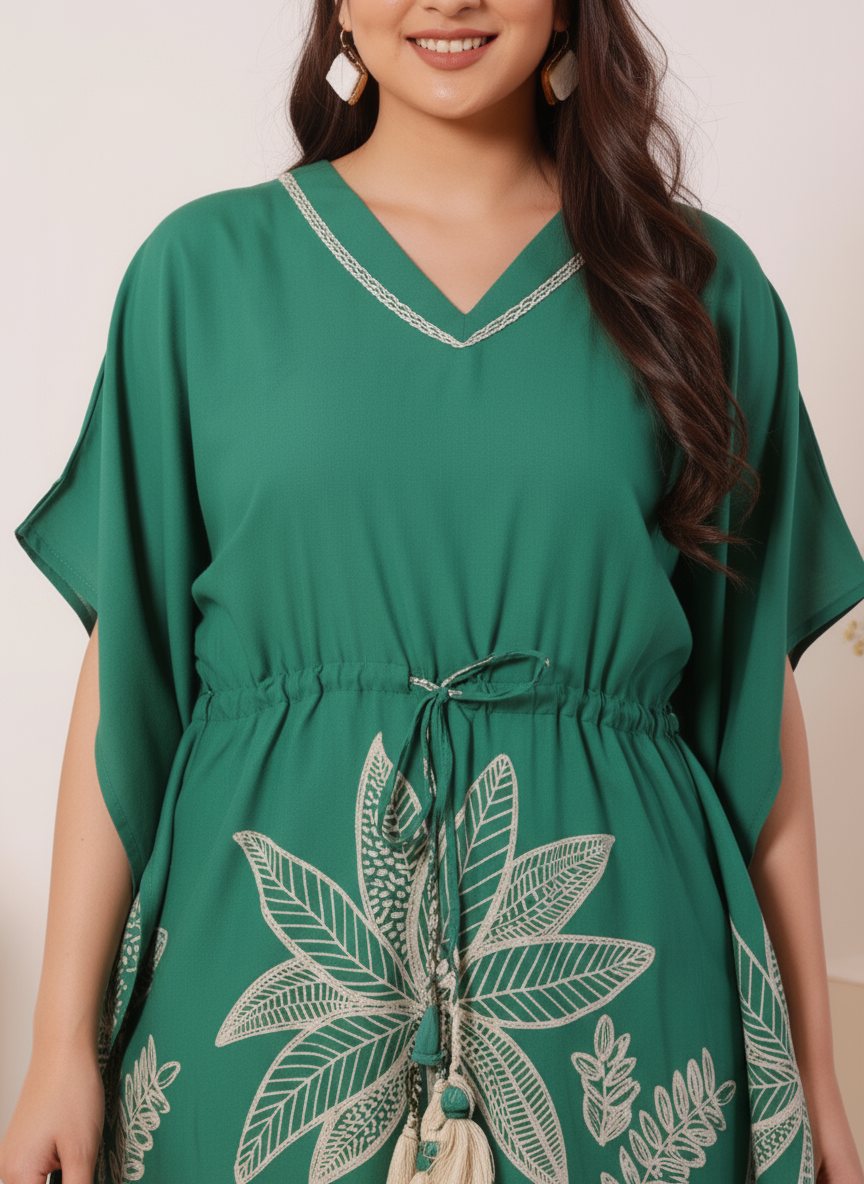 Soft Cotton Placement Print Kaftan Green Kurta