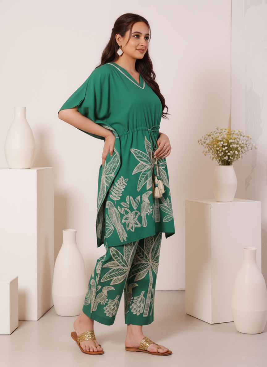 Soft Cotton Placement Print Kaftan Green Kurta