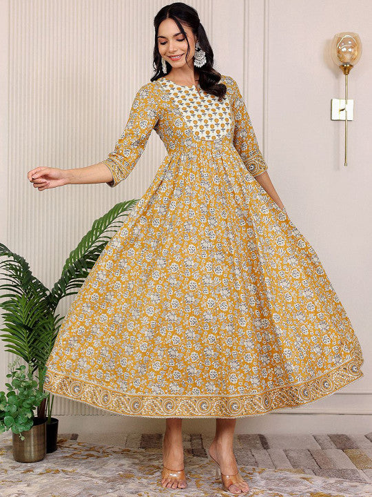 GULAB CHAND TRENDS Floral Printed Notch Neck Cotton Fit & Flare Midi Ethnic Dress