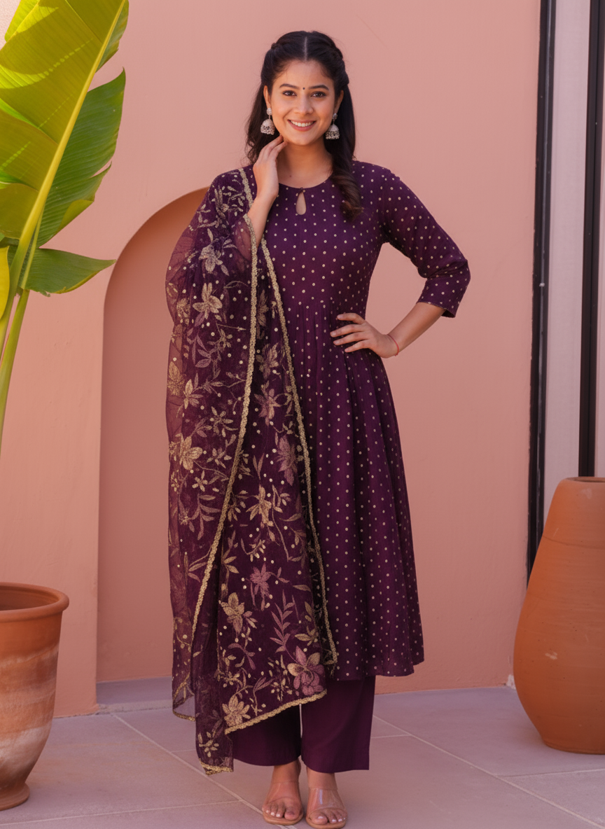 Embroidered Self Design Georgette Solid Straight Purple Kurta