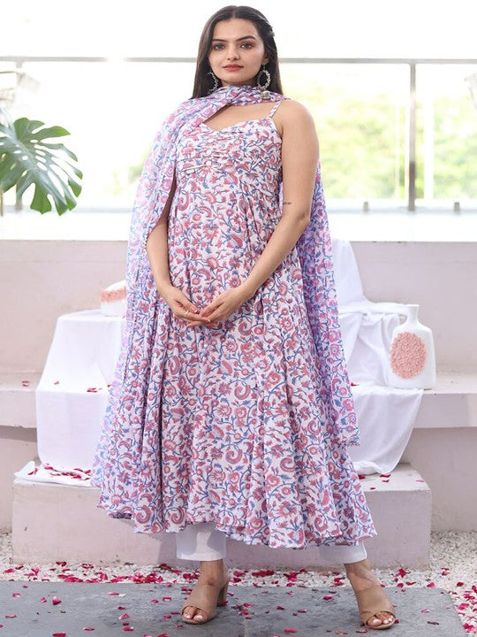 WEAVLLITE Floral Printed Anarkali Pure Cotton Kurta with Trousers & Dupatta
