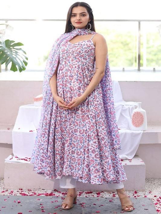 WEAVLLITE Floral Printed Anarkali Pure Cotton Kurta with Trousers & Dupatta