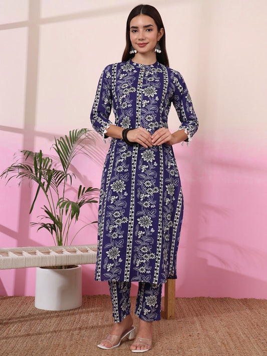 Womens Floral Straight Blue Co-Ord (Set of 2)